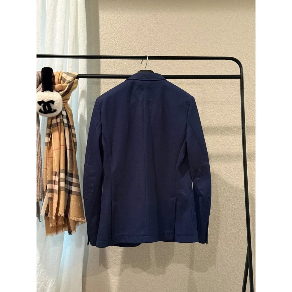 Zara Man Basic Knit Blazer Mens USA 42 Navy Blue Sport Coat Jacket Elbow Patch